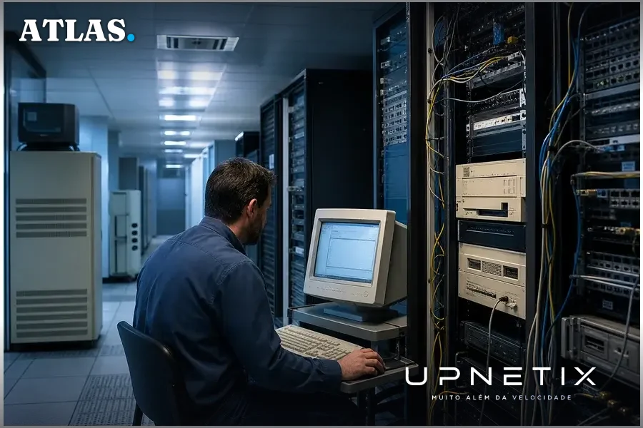 Data center antigo com equipamentos legados e infraestrutura tecnológica obsoleta