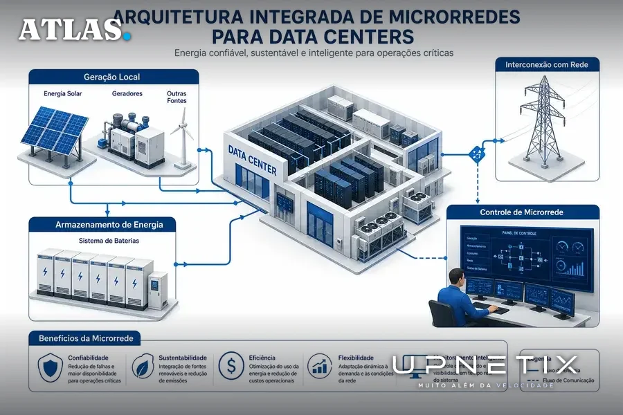 Diagrama ilustrativo da arquitetura de microrredes para data centers com múltiplas fontes de energia.