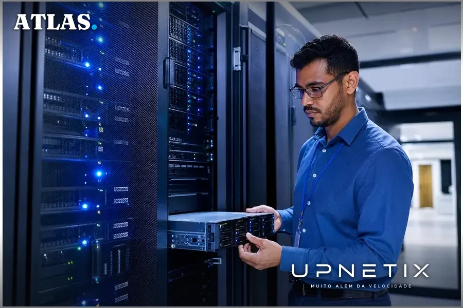 Racks de servidores em datacenter moderno representando a nuvem nacional do SUS.