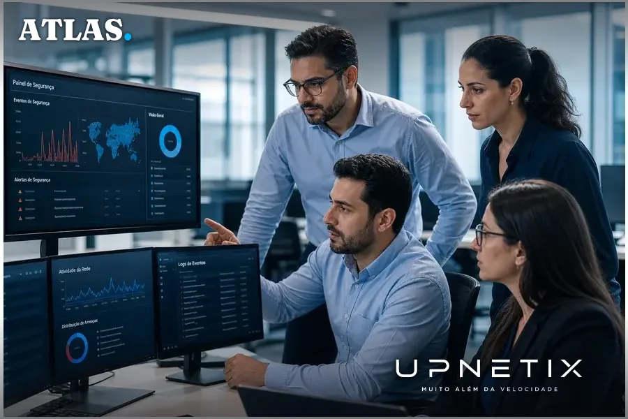 Equipe de TI analisando alertas de segurança em monitores no escritório