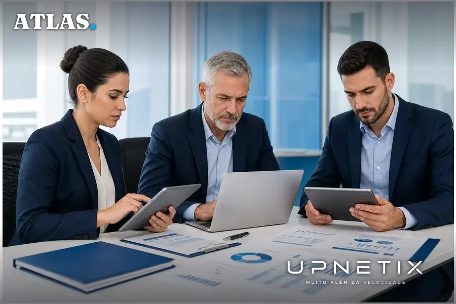 Equipe de fiscalização contratual analisando documentos e gráficos em escritório moderno