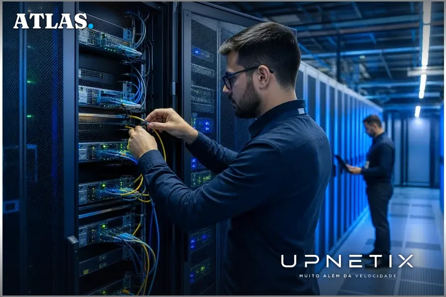 Sala de servidores com equipamentos de rede em operação, luzes indicadoras e cabos conectados, ambiente moderno e iluminado em tons de azul e branco.