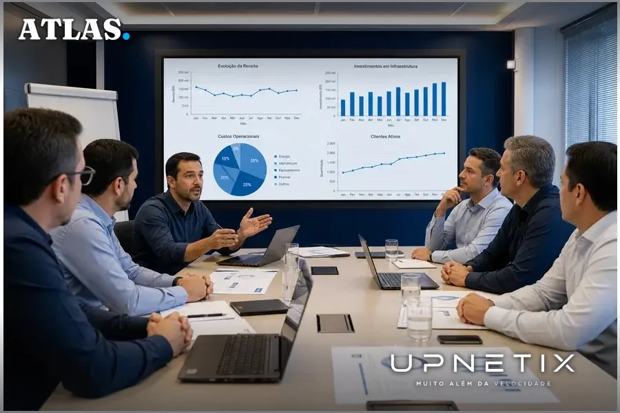 Foto realista de reunião de executivos de provedores regionais discutindo investimentos e tecnologia