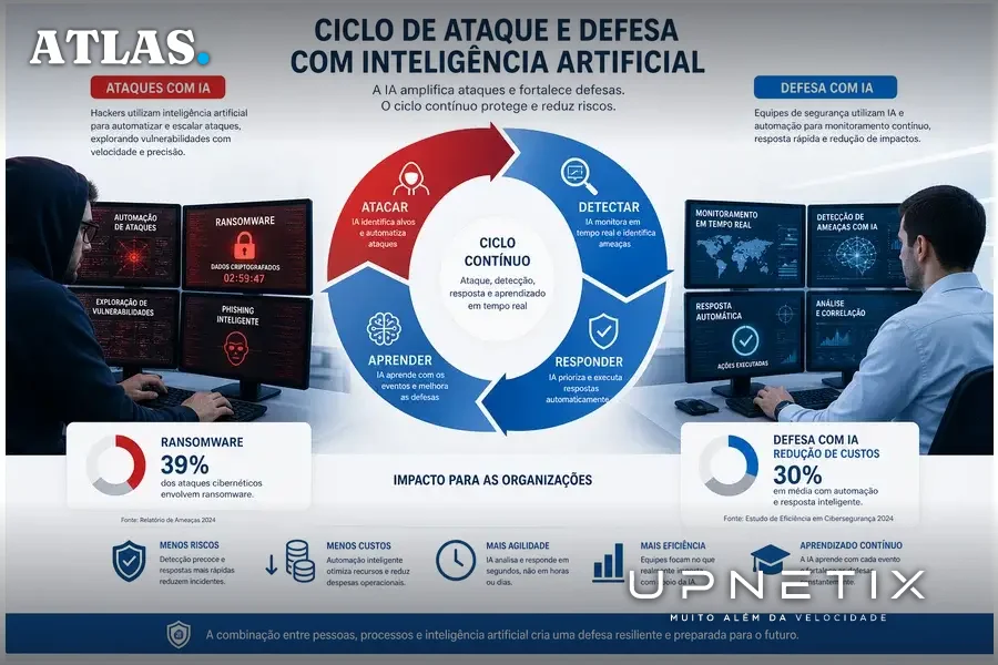 Diagrama ilustrando o uso da inteligência artificial para ataques e defesa em segurança cibernética