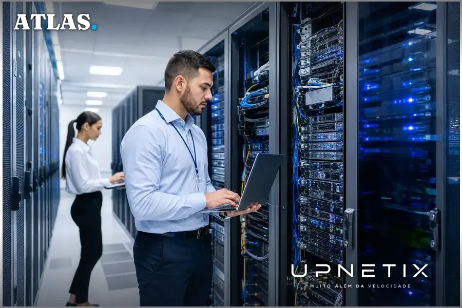 Datacenter moderno com infraestrutura de IA, servidores e GPUs em operação.