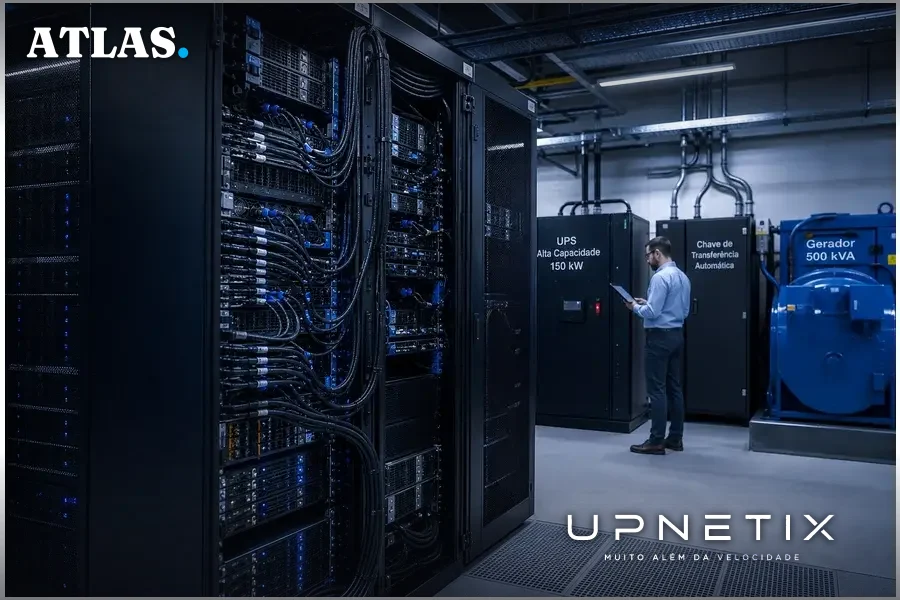 Rack de servidores para IA consumindo alta energia em data center com equipamentos de energia visíveis.