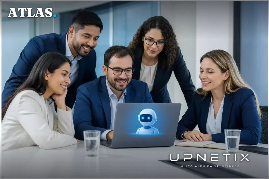 Funcionários do TCU utilizando assistente virtual de IA Chat TCU em ambiente de escritório moderno.