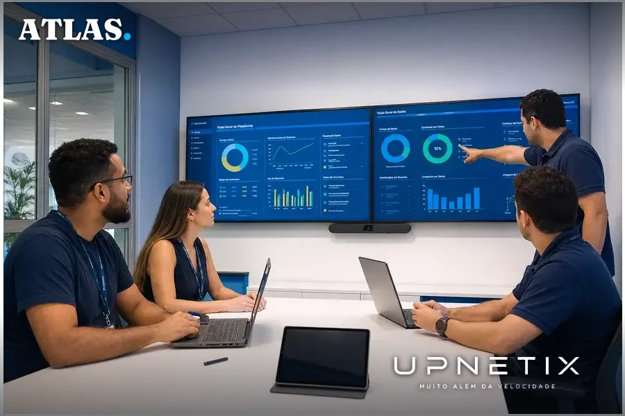 Equipe de TI da Construtora Tenda em reunião analisando dashboards do SAP em ambiente corporativo moderno.