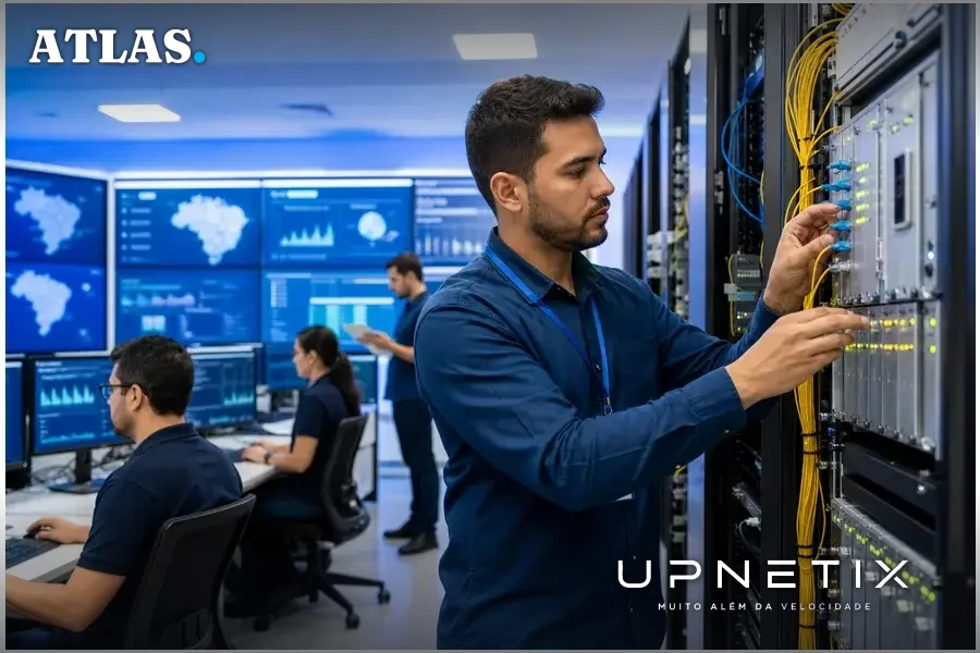 Técnicos da Telebras operando equipamentos de rede óptica em centro de operações moderno