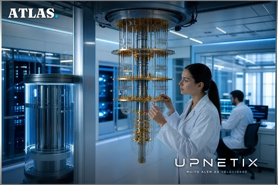 Computador quântico moderno com qubits destacados em ambiente tecnológico
