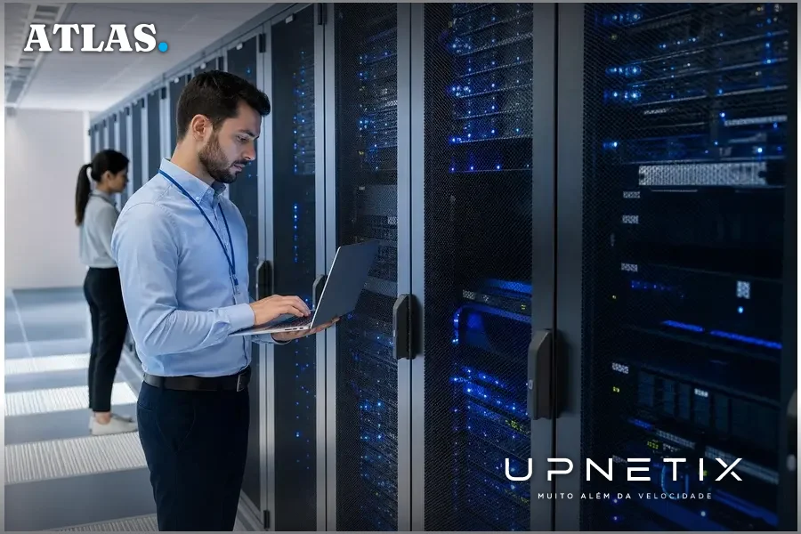 Data center moderno com servidores iluminados em azul, ambiente de alta tecnologia e segurança digital.
