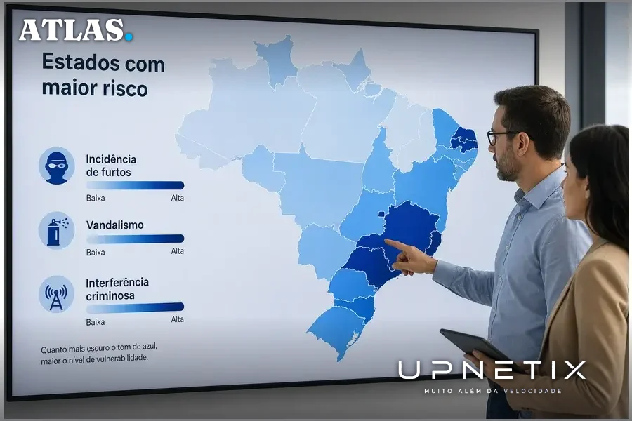 Mapa de calor do Brasil mostrando regiões com maior risco para redes de telecomunicações