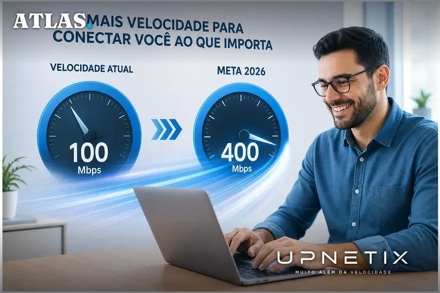 Representação visual do aumento da velocidade da rede do Cinturão Digital de 100 Mbps para 400 Mbps.