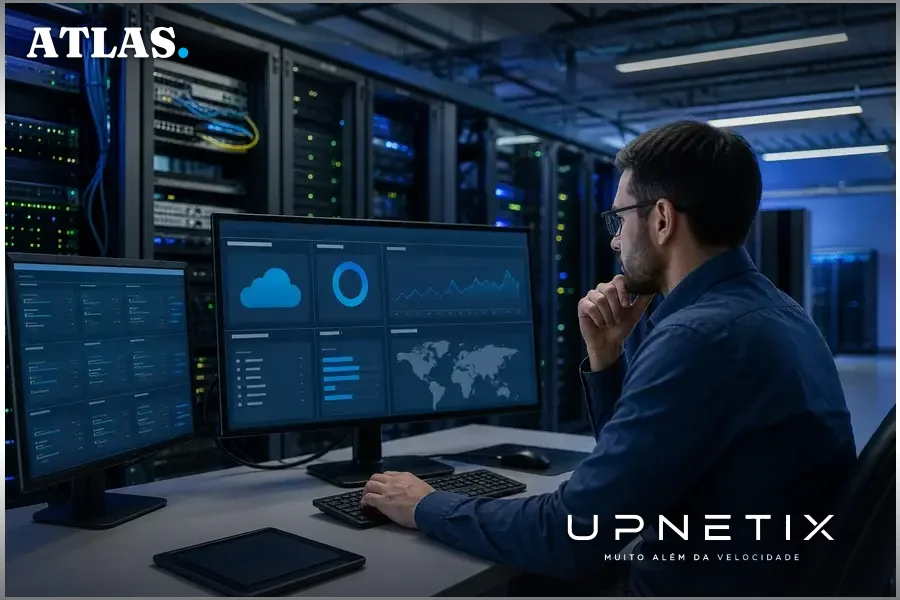 Centro de dados moderno com servidores e equipamentos de rede iluminados em azul, representando ambientes de nuvem Azure.