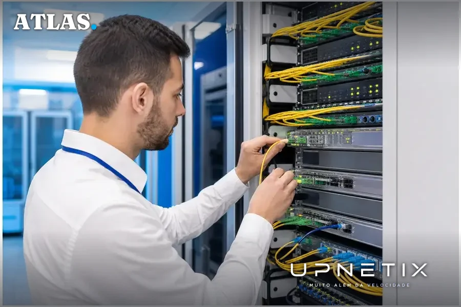 Equipamentos de telecomunicações com cabos de fibra óptica instalados para rede governamental