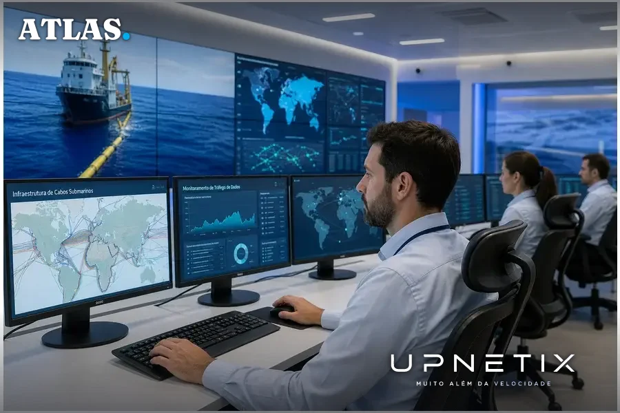Sala de controle com técnicos monitorando cabos submarinos e tráfego de dados em telas.