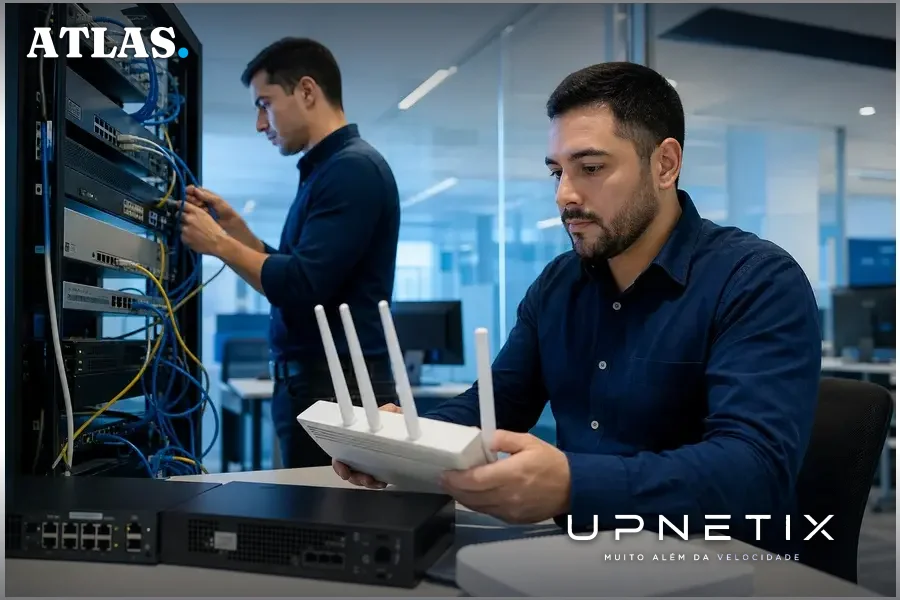 Profissionais de TI configurando roteadores Wi-Fi e firewalls para ativação do IPv6 em ambiente corporativo
