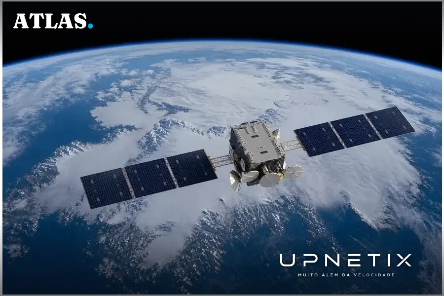 Imagem realista de satélite Telesat Lightspeed em órbita baixa com a Terra ao fundo destacando o Ártico