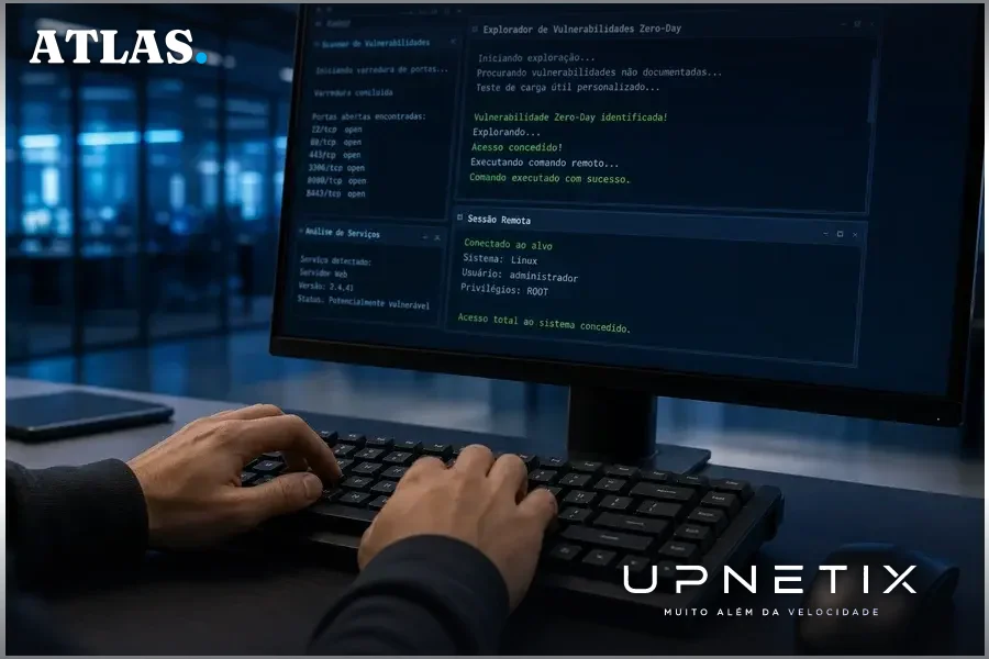 Computador em ambiente corporativo executando código relacionado a vulnerabilidades zero-day.