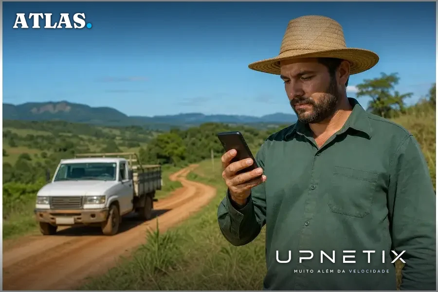 Trabalhador rural usando smartphone em área remota com cobertura Vivo Satélite