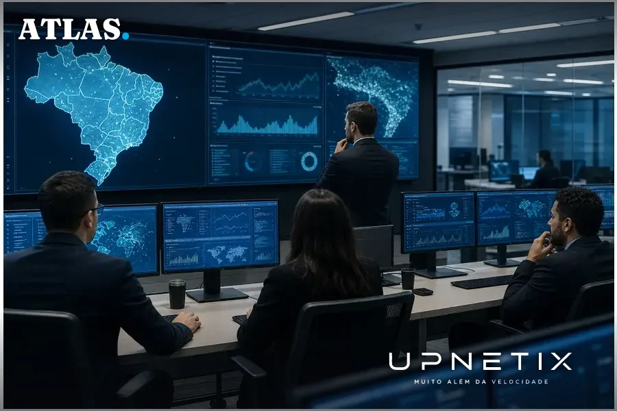 Sala de operações da ABIN com analistas monitorando ameaças a infraestruturas críticas em tempo real