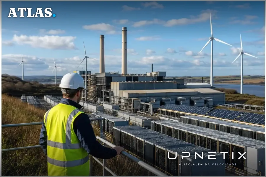 Usina termelétrica antiga no Reino Unido adaptada para suporte a datacenters, com elementos de energia renovável visíveis