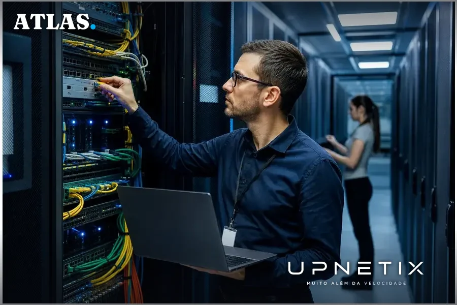 Interior de data center moderno com servidores e equipamentos eletrônicos organizados.