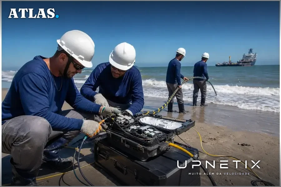 Técnicos instalando o cabo submarino Malbec em Balneário Pinhal, RS, em ambiente costeiro realista.