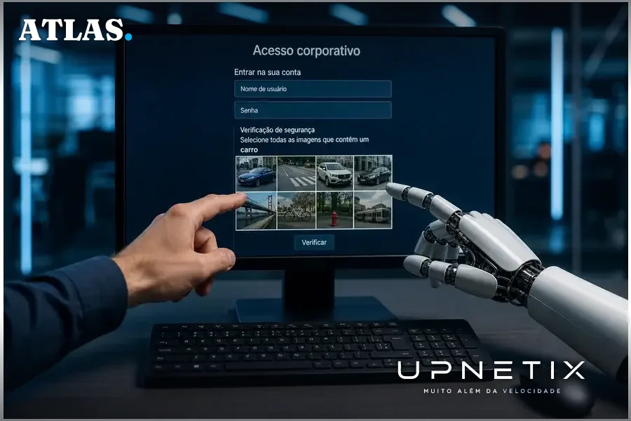 Mão humana e mão robótica interagindo com um sistema de login que contém CAPTCHA, ilustrando evasão automatizada.
