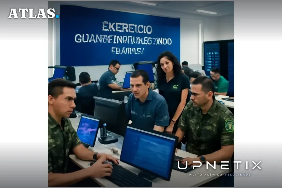 Equipe multidisciplinar em sala de comando durante exercício de cibersegurança em Manaus, com equipamentos tecnológicos e servidores.
