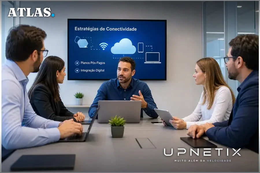 Profissionais de TI discutindo conectividade móvel e planos pós-pagos em ambiente corporativo.