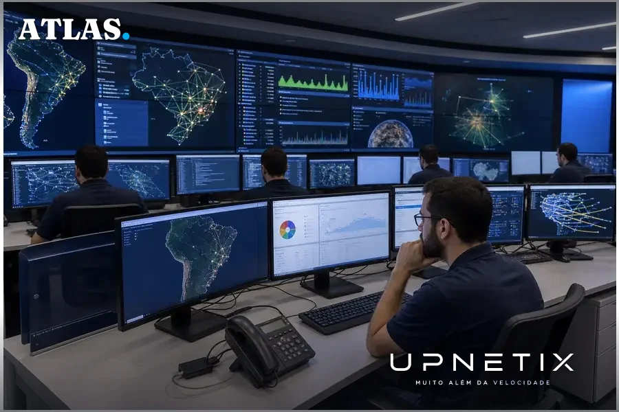 Centro de controle de rede de grande operadora brasileira monitorando tráfego de dados.