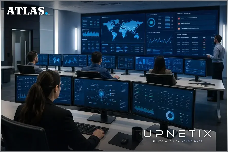 Equipe de analistas de TI monitorando ataques cibernéticos em uma sala de operação moderna