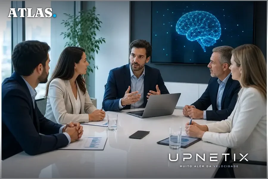 Executivos brasileiros em reunião estratégica sobre inteligência artificial em ambiente corporativo moderno.