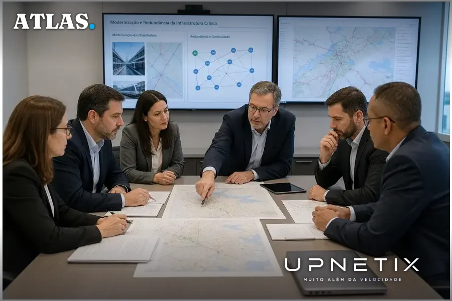 Reunião corporativa entre autoridades e operadoras discutindo modernização da infraestrutura crítica.