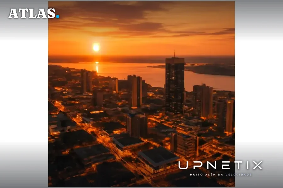 Vista aérea de Manaus ao entardecer, polo regional conectado