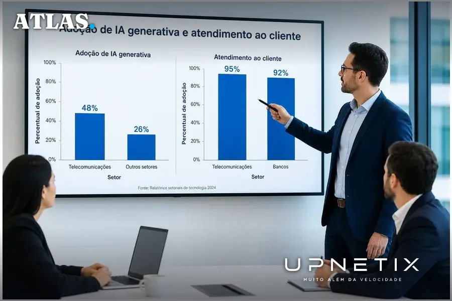 Gráfico corporativo comparando adoção de IA generativa em telecomunicações e outros setores e atendimento ao cliente.