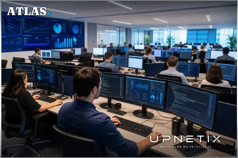 Centro de operações bancárias com profissionais de TI e analistas focados em dados e tecnologia.