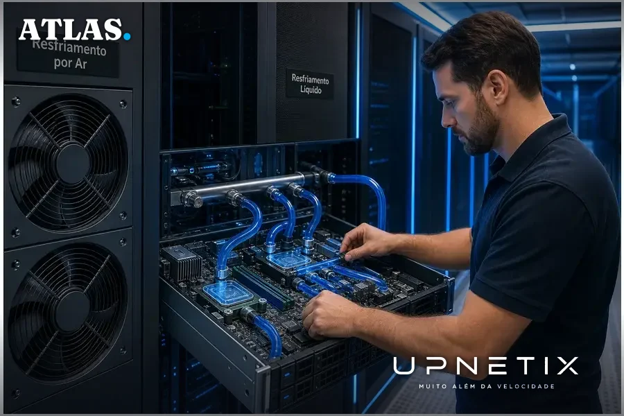 Sistema híbrido de refrigeração líquida e a ar em servidores de data center.
