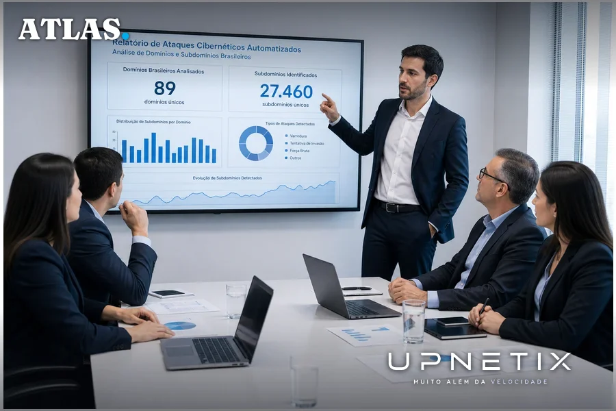 Executivos brasileiros analisando dados de ataques cibernéticos automatizados em reunião.