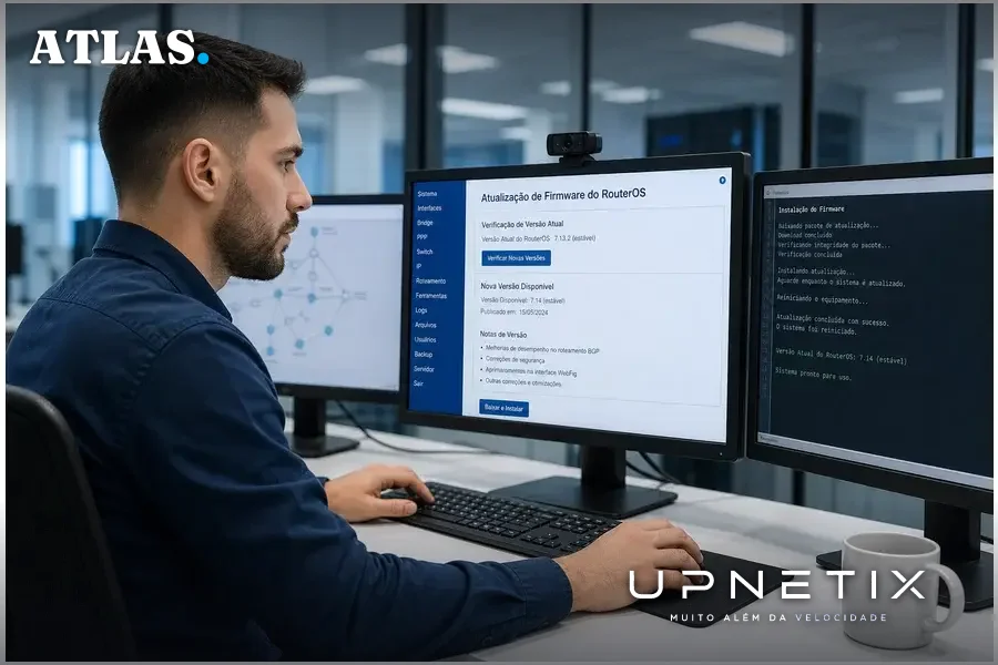 Profissional de TI atualizando firmware RouterOS em computador.