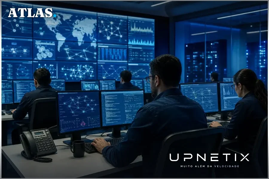 Equipe de segurança cibernética monitorando ataques em centro de operações