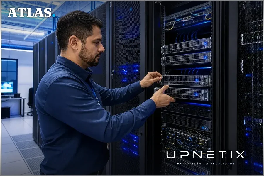 Técnico de TI operando servidores em data center moderno com iluminação azul e ambiente corporativo claro.