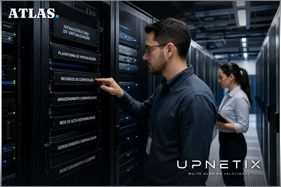 Data center moderno com racks de servidores e equipamentos de virtualização