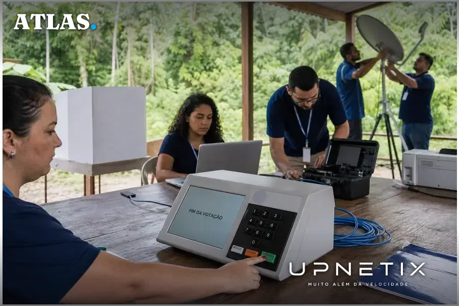 Urna eletrônica em seção eleitoral remota na Amazônia com operadores e vegetação ao fundo