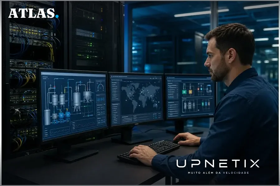 Sala de servidores com equipamentos de rede e monitores controlando sistemas IoT industriais vulneráveis