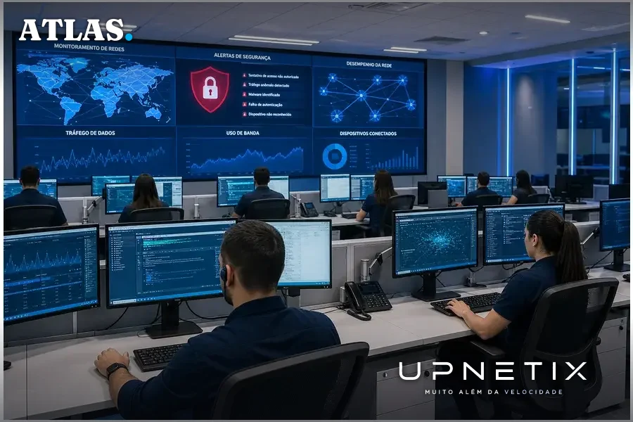 Centro de operações de telecomunicações monitorando a segurança das redes e a continuidade dos serviços.
