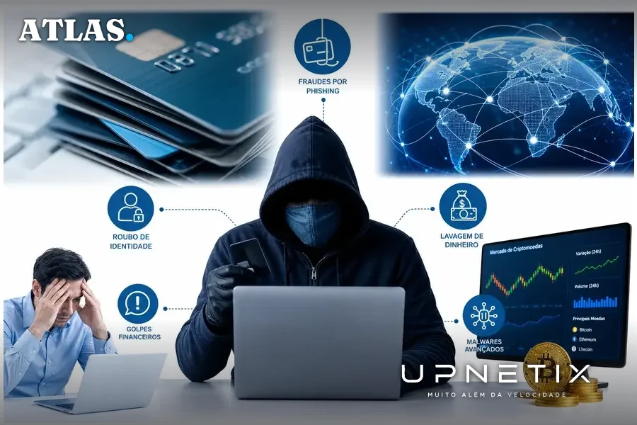 Composição realista ilustrando crimes digitais com uso de IA: roubo de dados e ataques a criptomoedas
