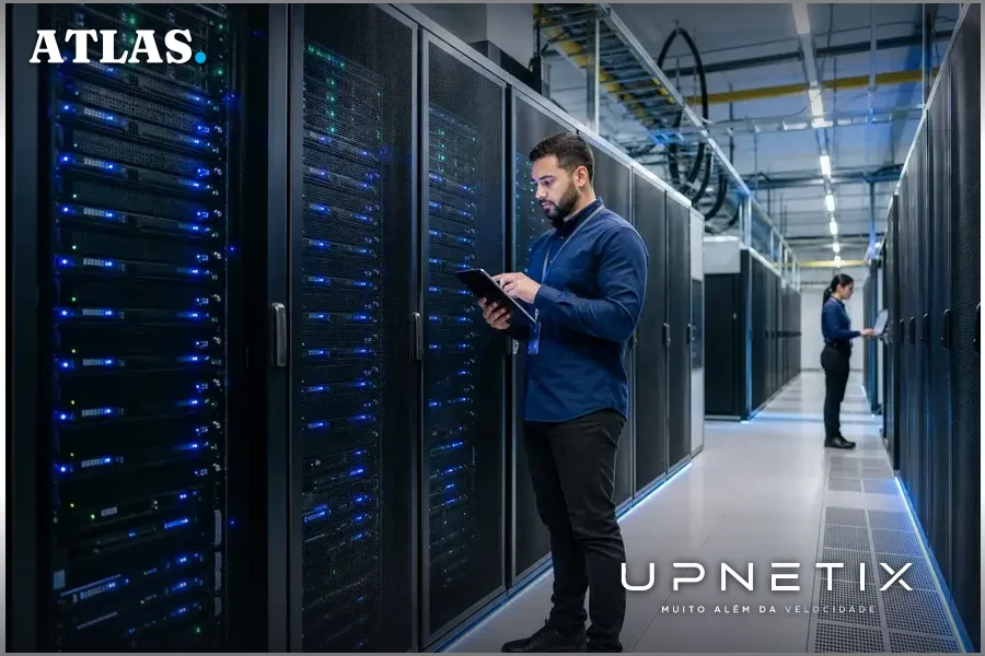 Data center brasileiro moderno e iluminado com servidores alinhados, representando infraestrutura nacional de IA.