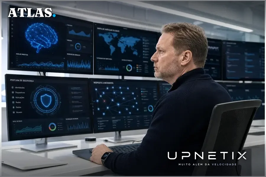 George Kurtz, CEO da CrowdStrike, em escritório moderno, observando telas com dashboards digitais de segurança cibernética e IA.